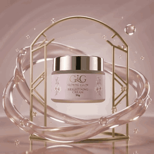 G&G Brightening Cream jar in a gold frame with cream swirls