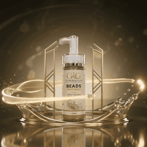 G&G Beads Face Wash bottle in a gold frame with a cream swirl