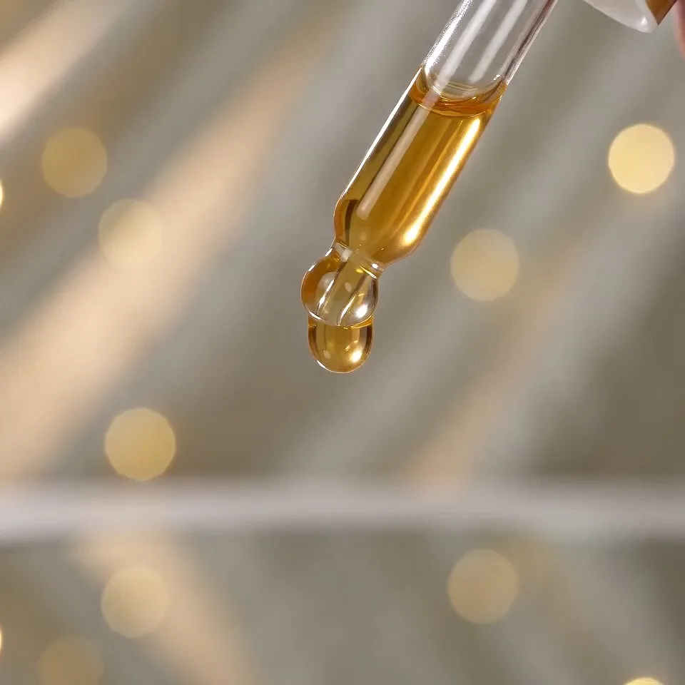 Golden Vitamin C serum dropping from a glass dropper