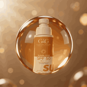 G&G SPF 50+ Sunblock bottle glowing in an amber droplet