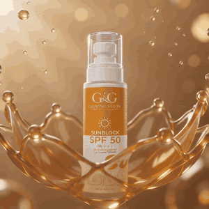 G&G SPF 50+ Sunblock bottle in an amber splash