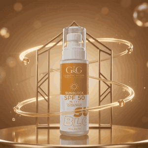 G&G SPF 50+ Sunblock bottle in a gold frame with a cream swirl